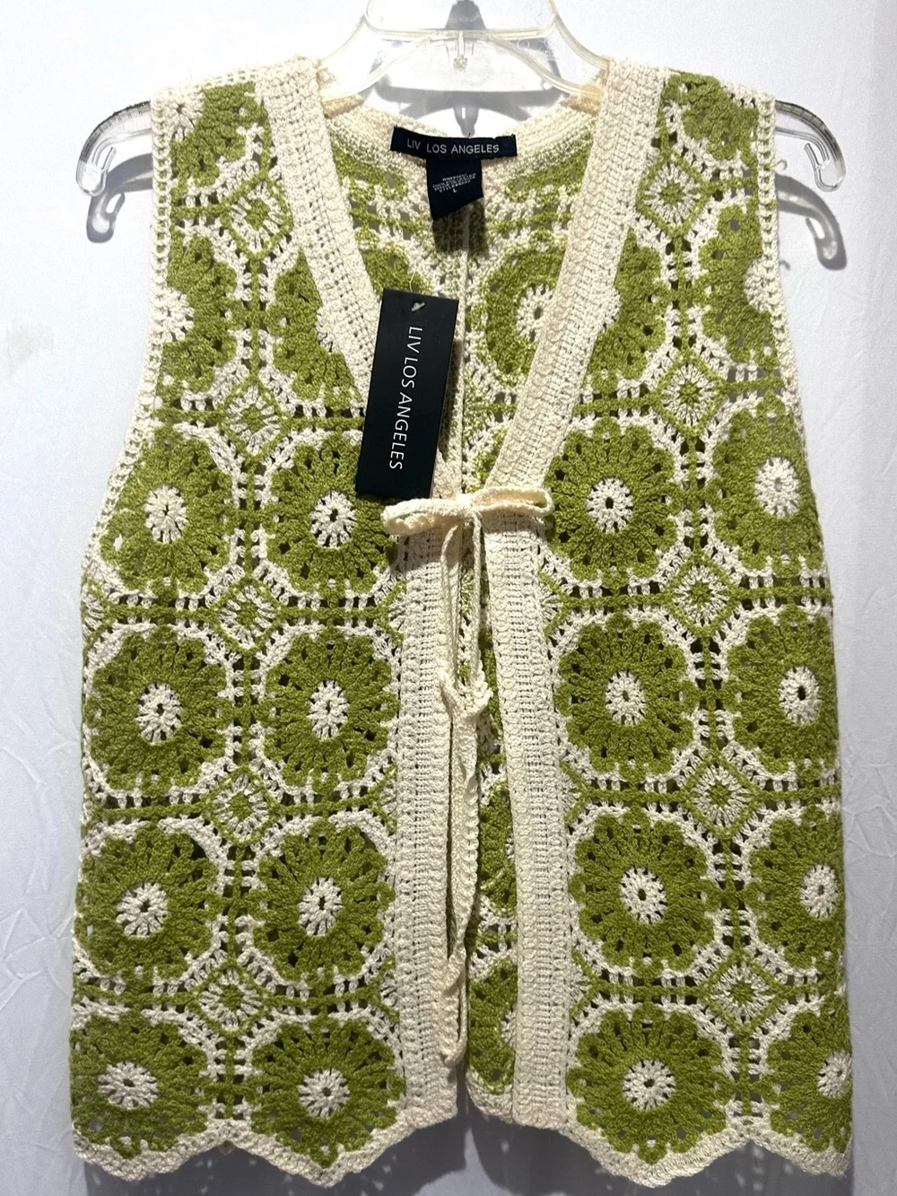 LIV LOS ANGELES Olive Green & Cream Crochet Vest - Size L